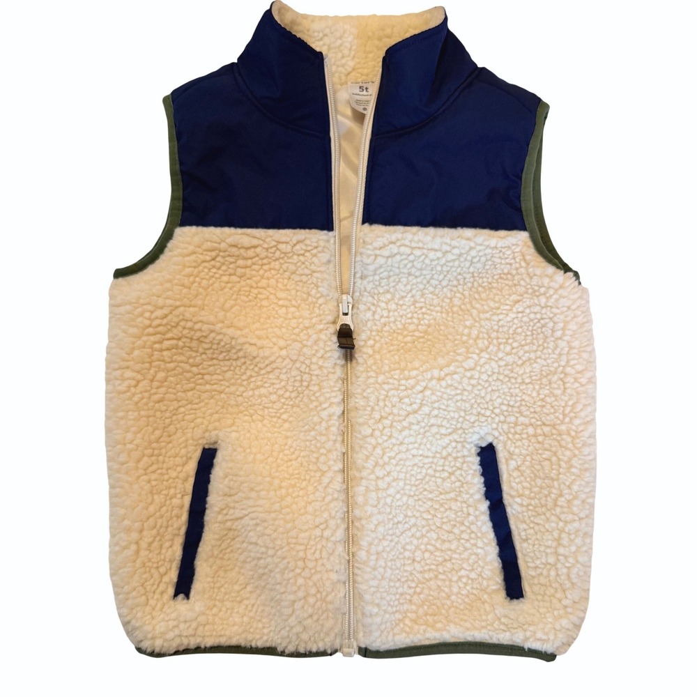Carters Toddler Sherpa Fleece Navy Blue Cream Full Zip Vest 5T Outdoor Preppy